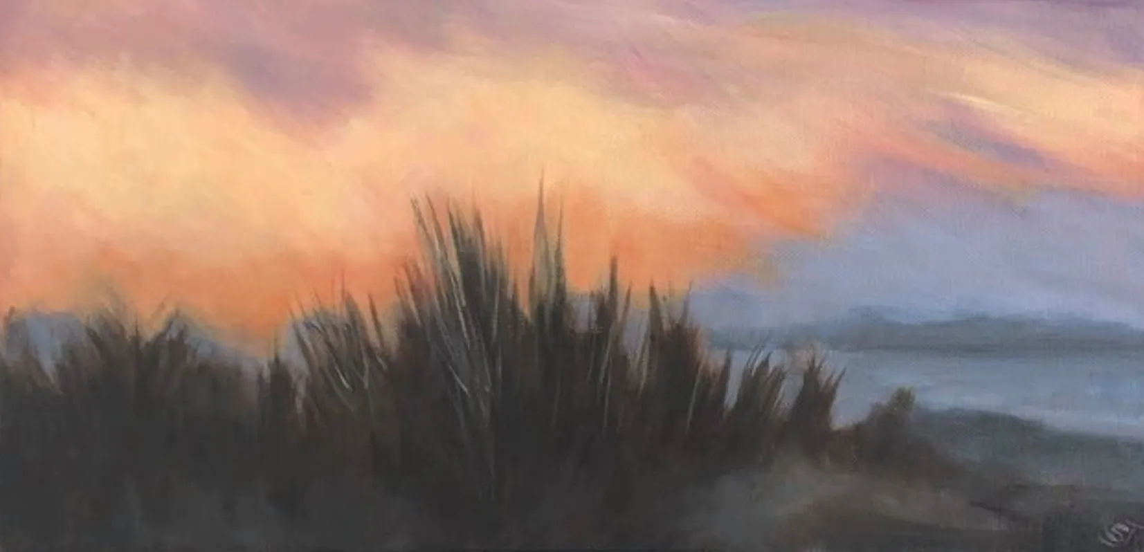 acrylic painting of a beach at sunset by artist Shona Jones