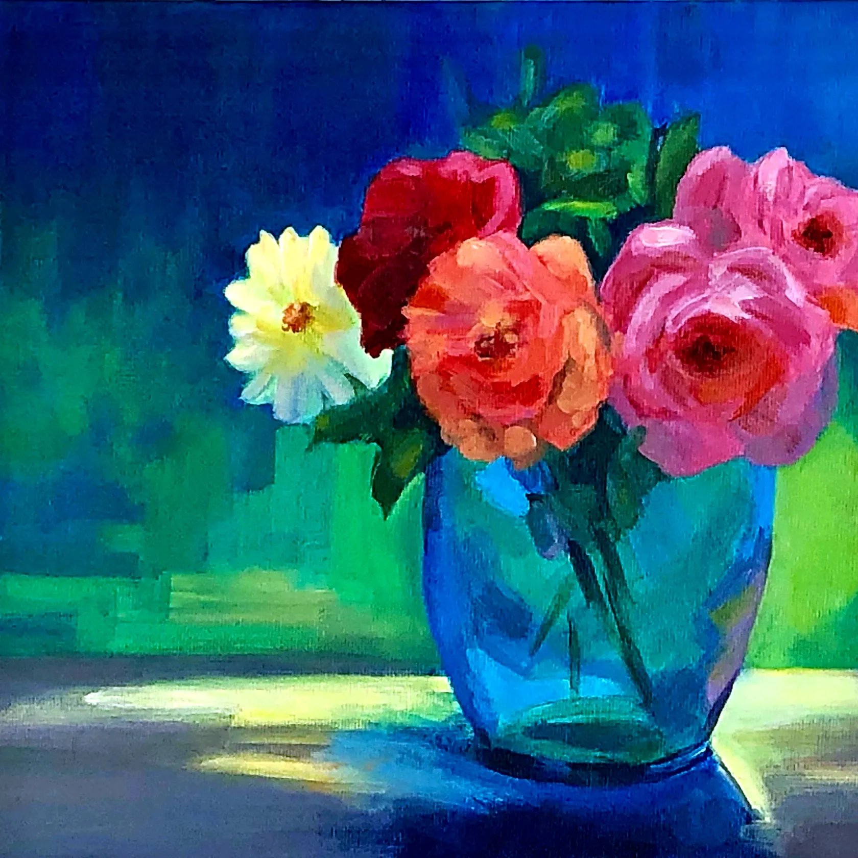 acrylic painting of roses in a vase with green background by artist Shona Jones