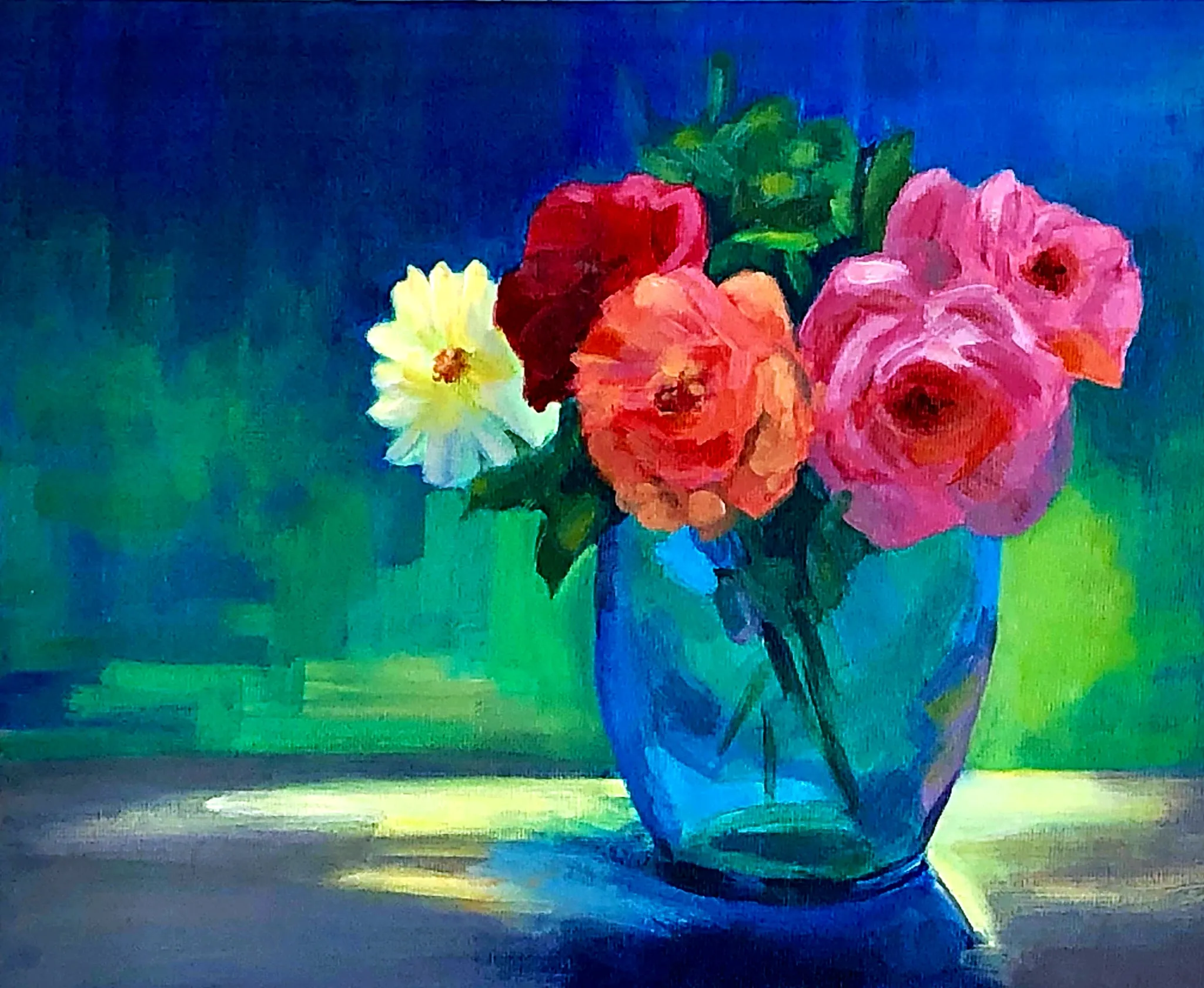 acrylic painting of roses in a vase with green background by artist Shona Jones