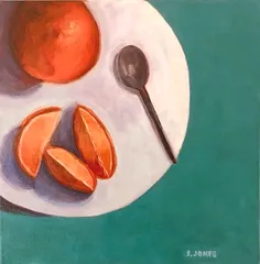 acrylic painting of orange pieces on a plate by artist Shona Jones